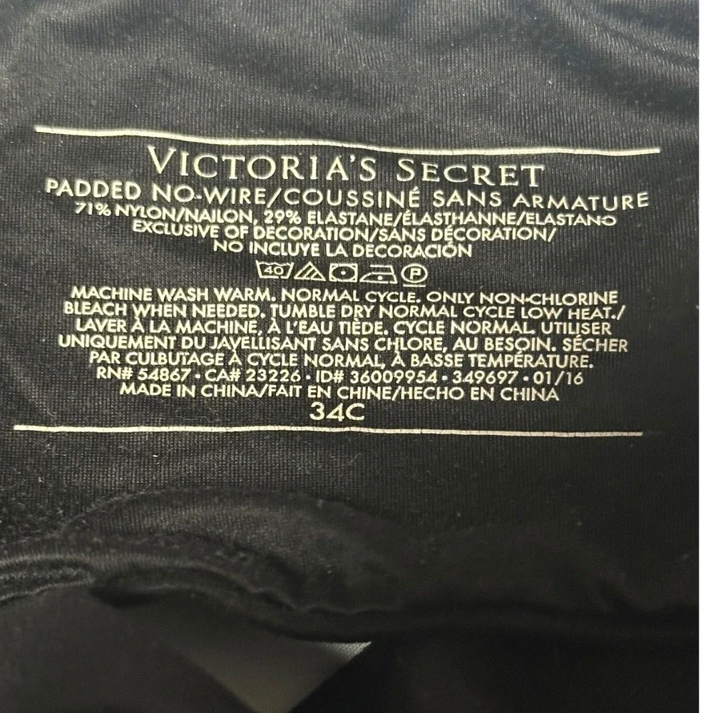 Victoria's Secret Black Padded No-Wire Wireless Bra 34C Lace Trim Discontinued